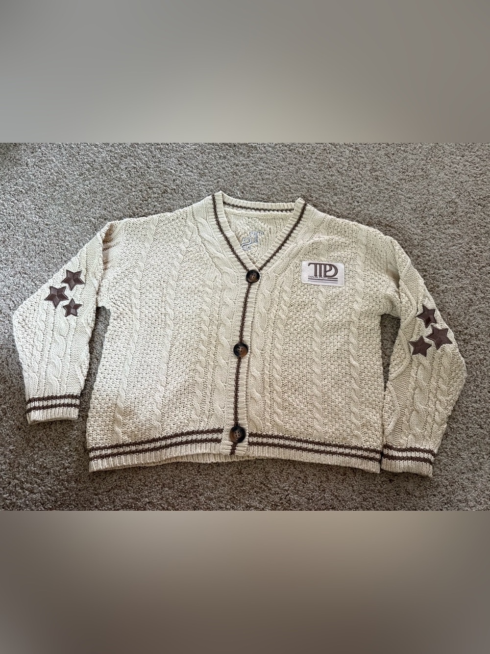 NWOT Taylor Swift TTPD Cream Cable-Knit Kids Cardigan with Star Patches